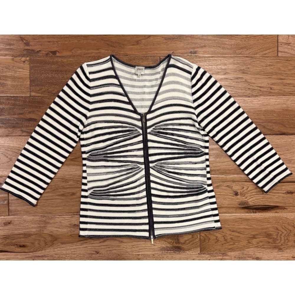 Armani Collezioni Italian White Navy Striped Zip Knit Sweater Viscose Size 8